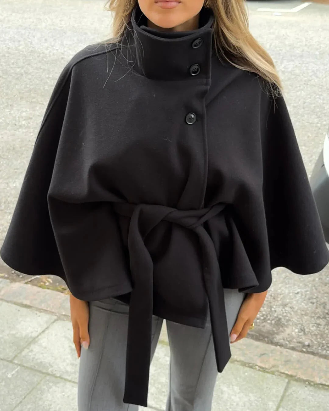 Marianne High-Neck Belted Cape Jacket