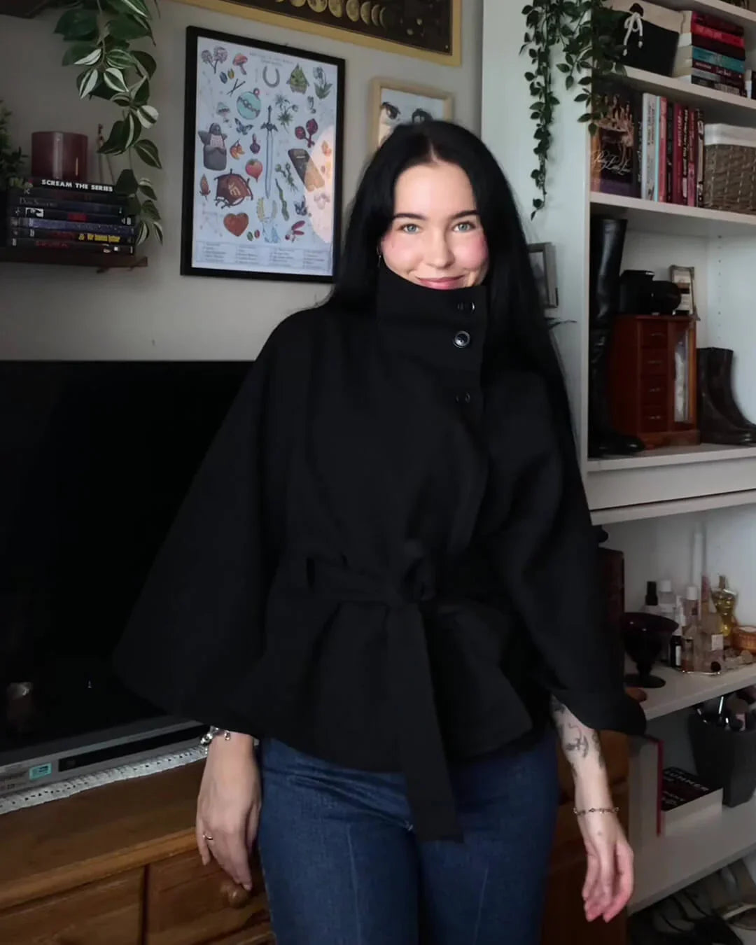 Marianne High-Neck Belted Cape Jacket