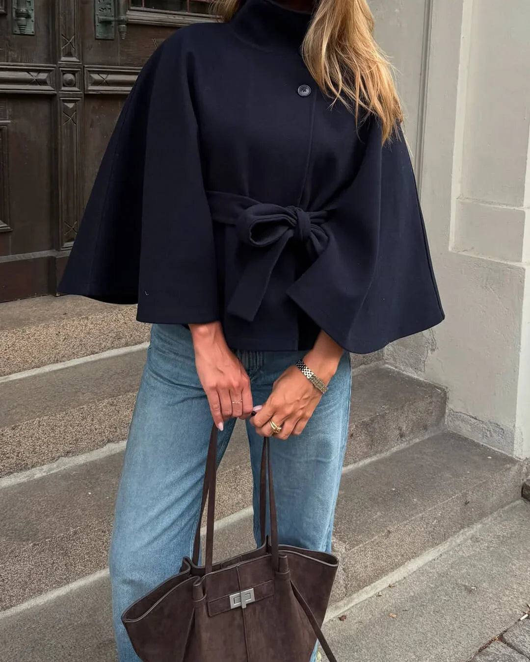 Marianne High-Neck Belted Cape Jacket