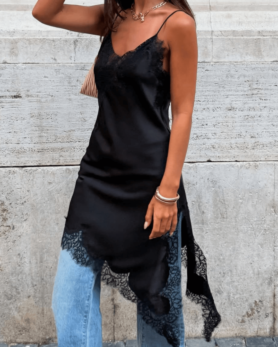 Pia Asymmetric Satin Lace Cocktail Dress