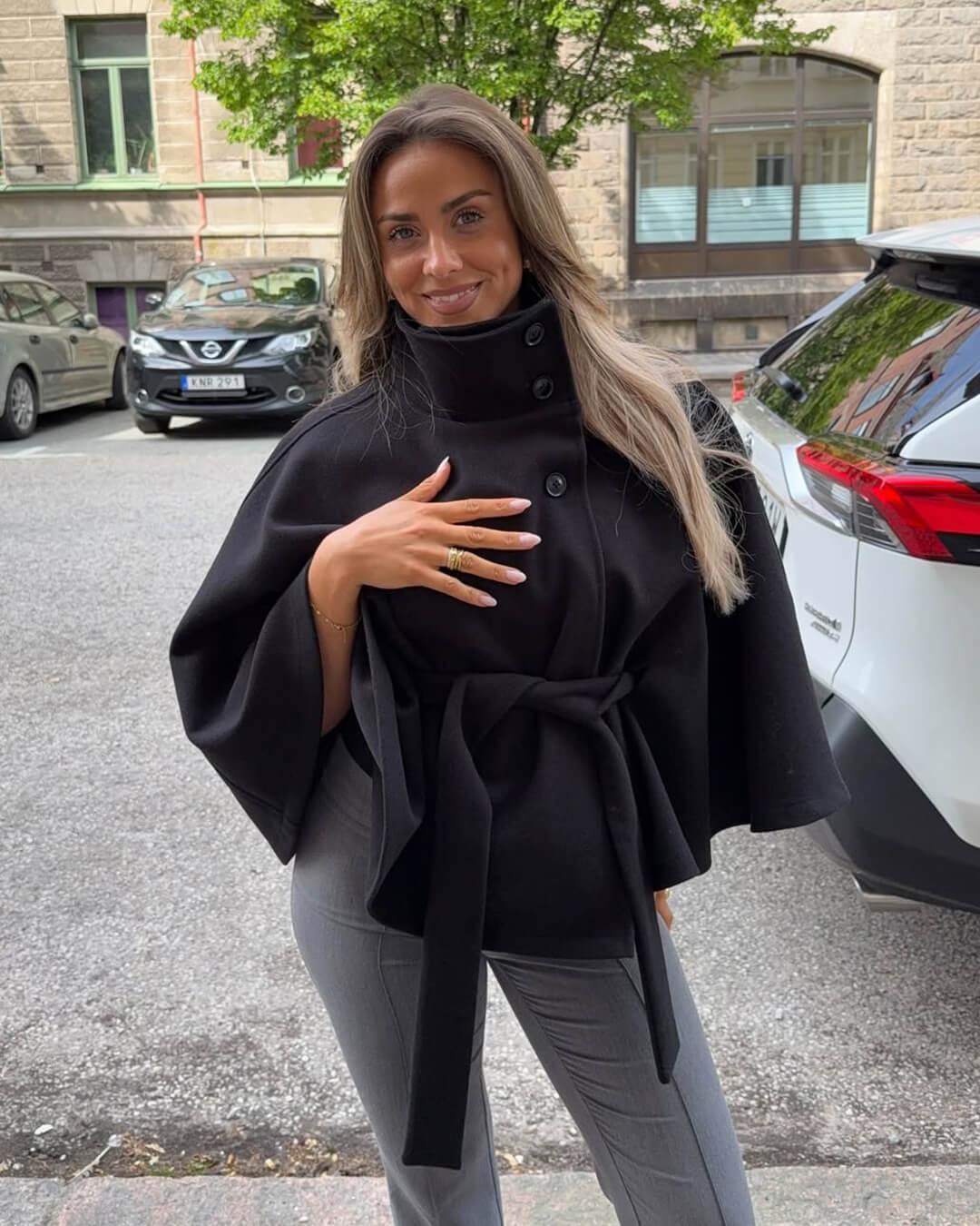 Marianne High-Neck Belted Cape Jacket