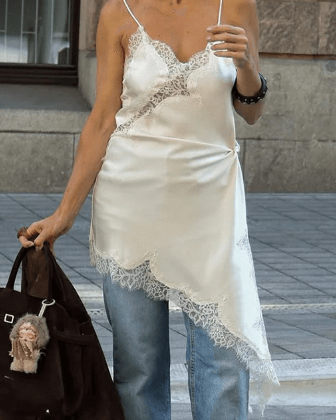 Pia Asymmetric Satin Lace Cocktail Dress