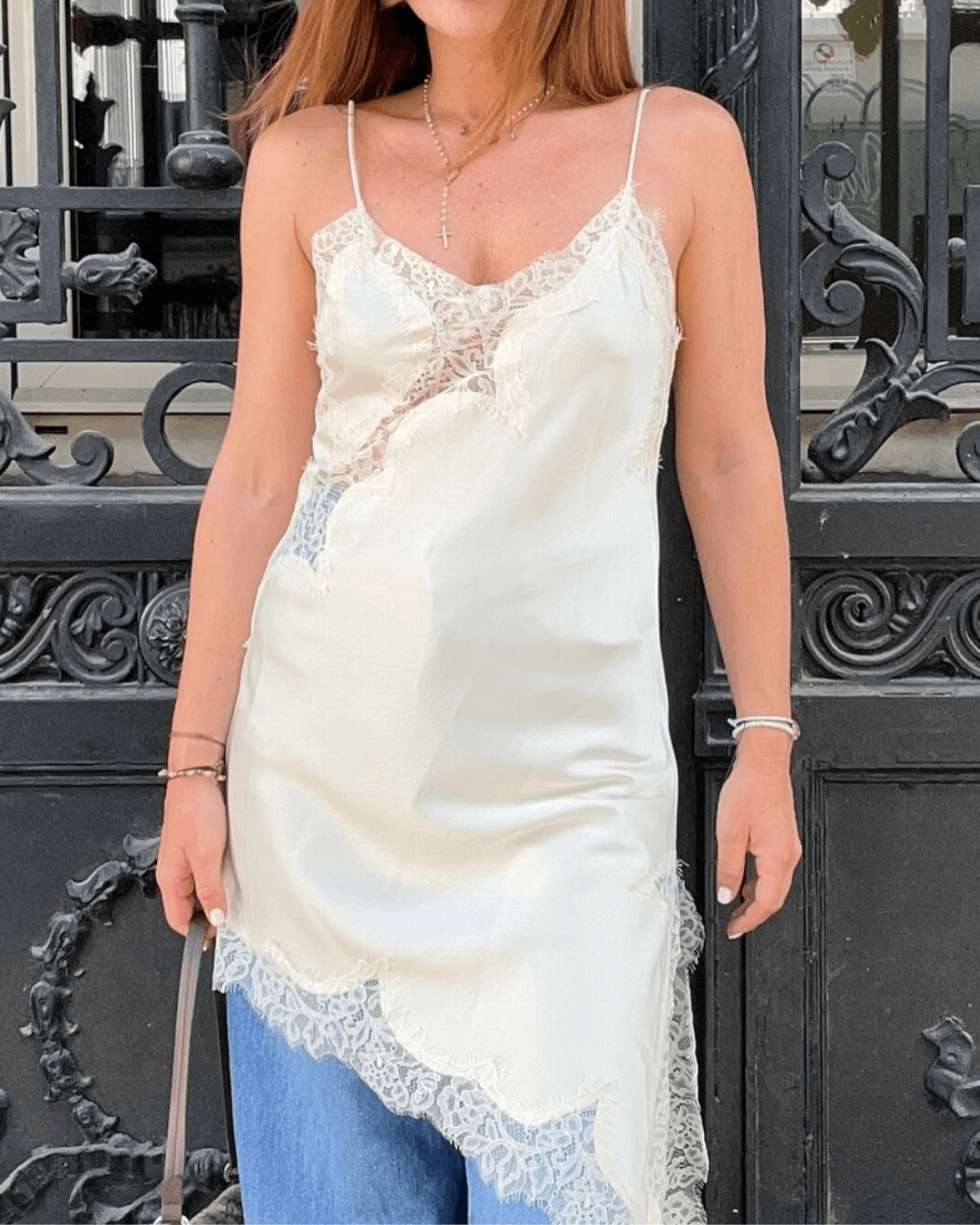 Pia Asymmetric Satin Lace Cocktail Dress