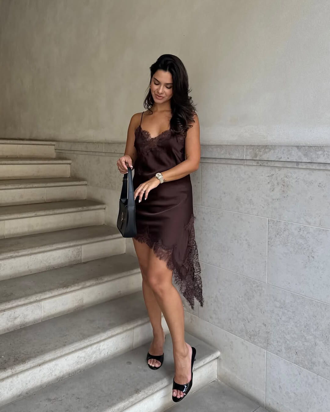 Pia Asymmetric Satin Lace Cocktail Dress